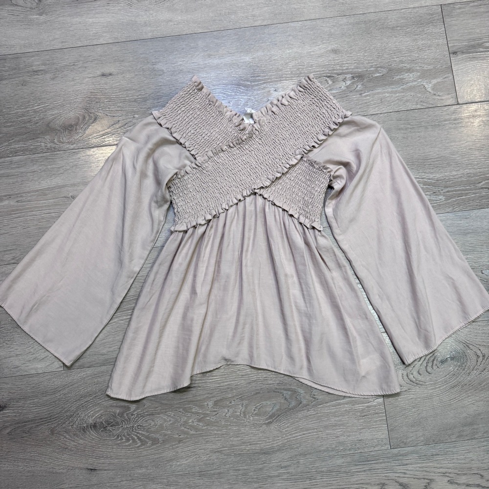 Flawless Women Smocked Off Shoulder Bell Sleeve Top Taupe Mauve Small S
